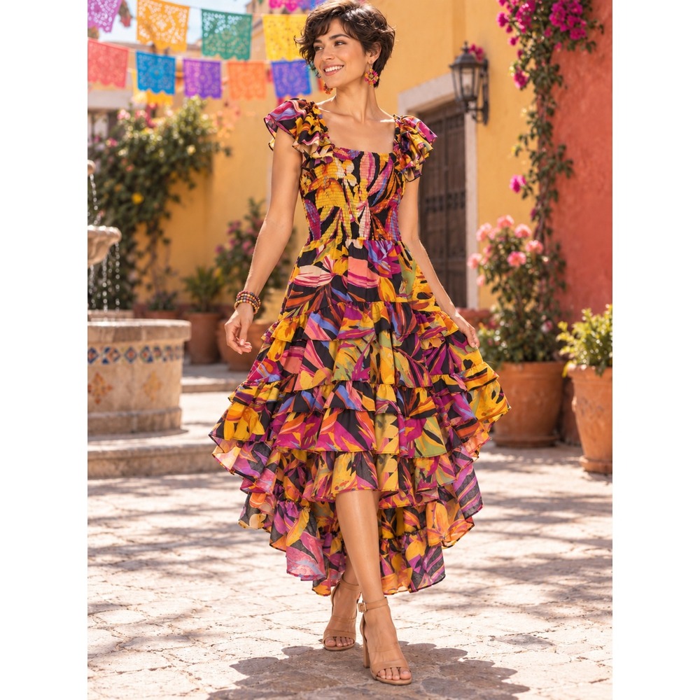 Maximalism Pink Orange Tropical Ruffle Tiered Floral Smocked High Low S Dress